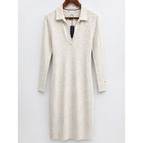 Tommy Hilfiger Dresses & Skirts - Tommy Hilfiger Heather Beige Collared V-Neck Long Sleeve Sweater‎ Midi Dress XS